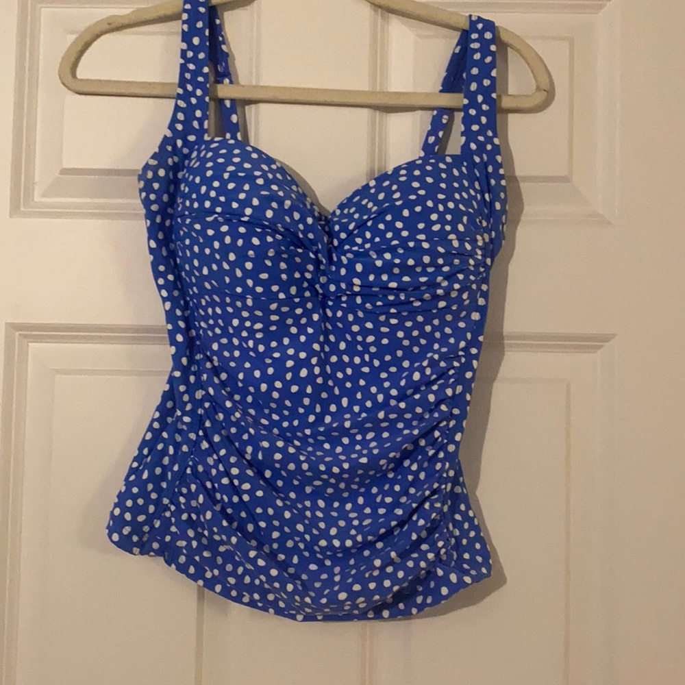 Blue and white polka dot tankini set